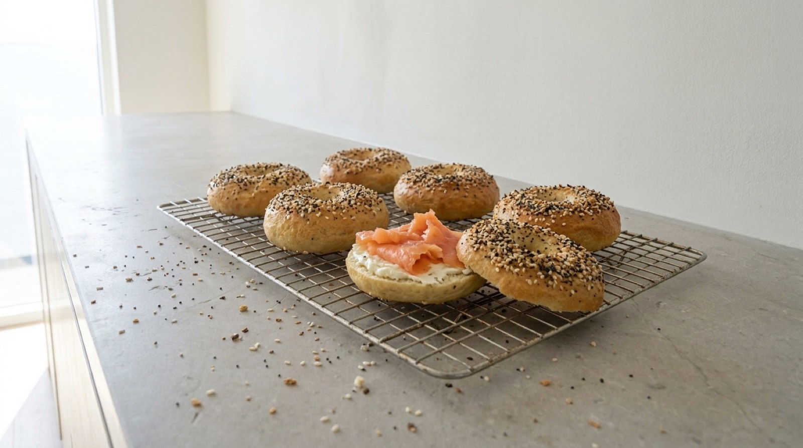 Everything bagels with cream cheese and smoked salmon