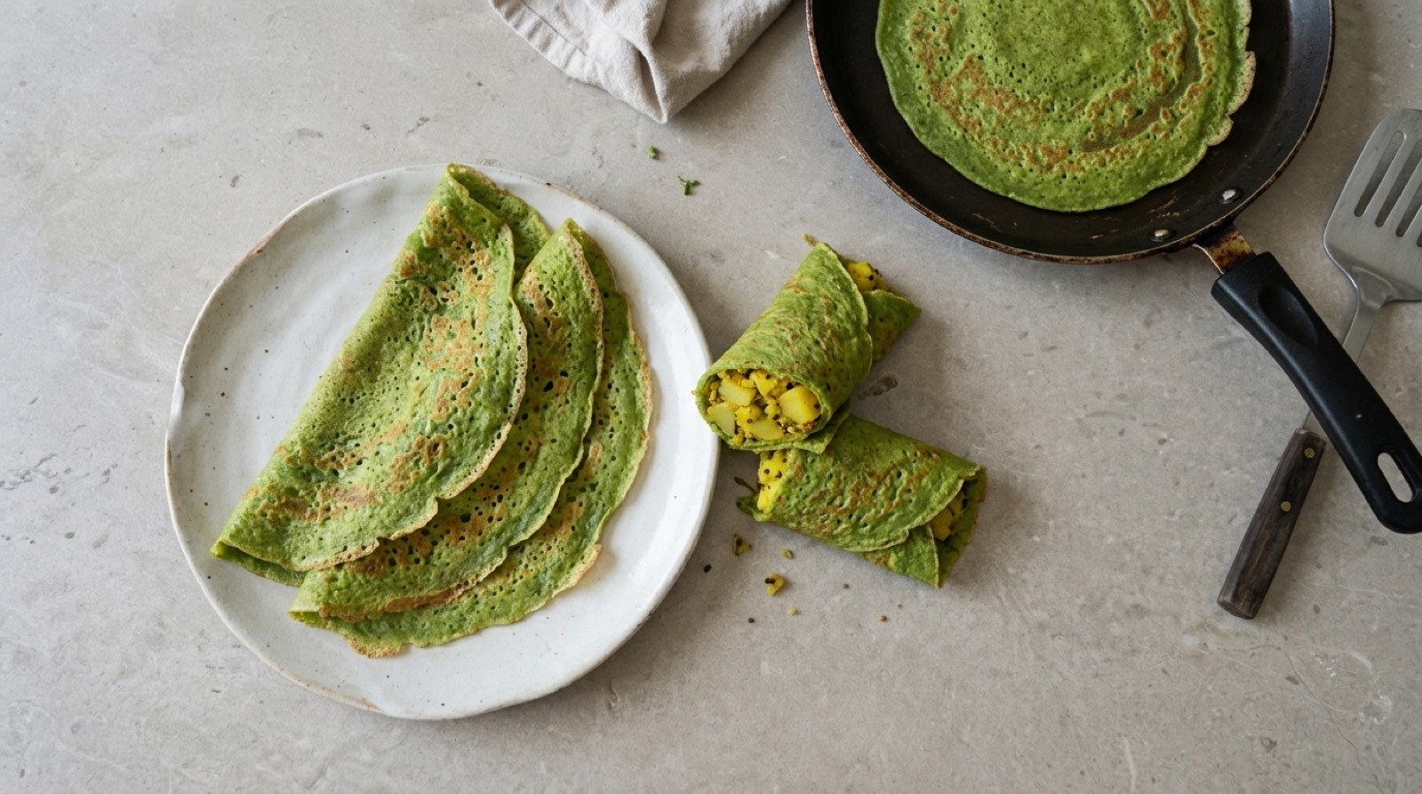 Bright green mung bean wraps on a plate