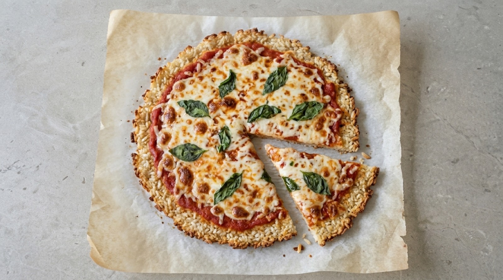 Thin pizza on a crispy pressed rice crust