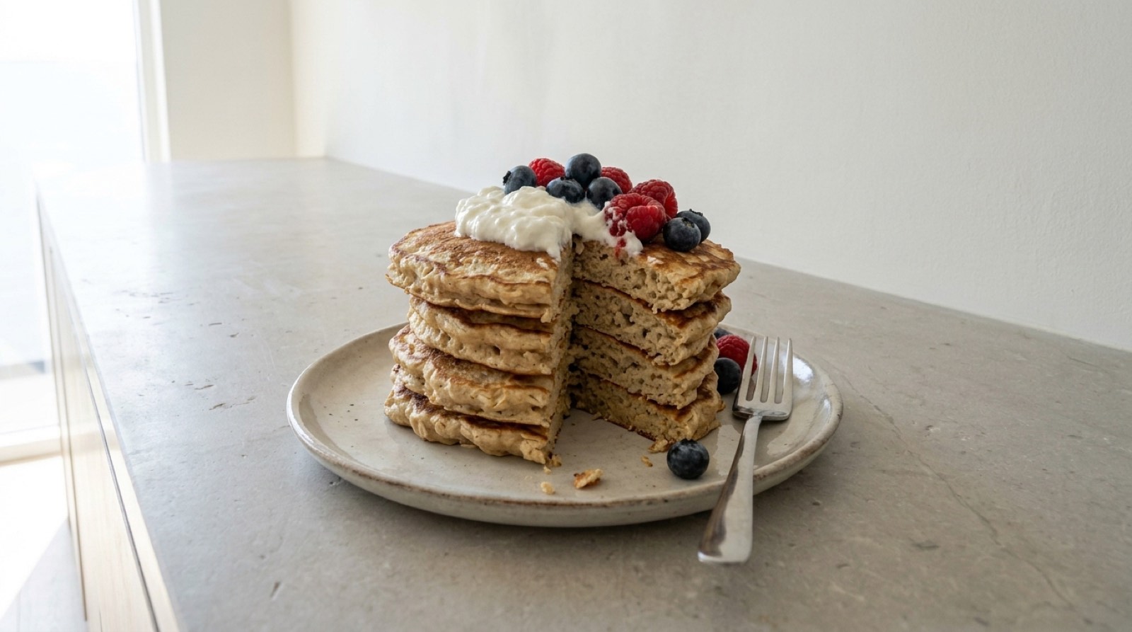 Stack of fluffy oat pancakes with berries