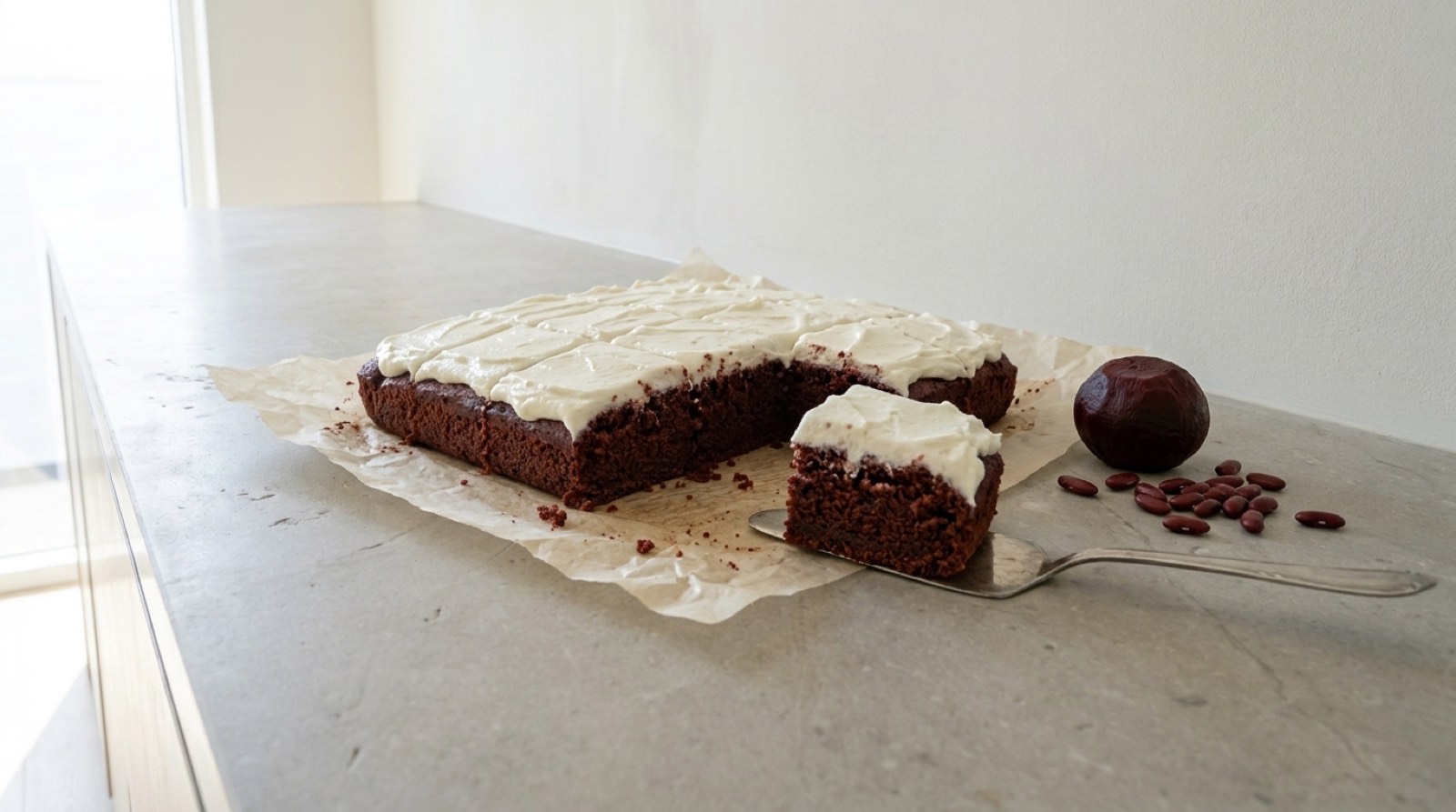 Squares of red velvet bean cake with white yogurt frosting