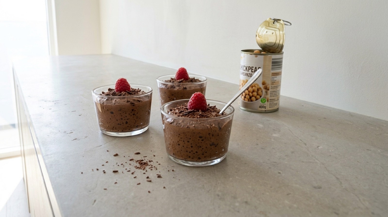 Glasses of dark chocolate mousse with raspberries